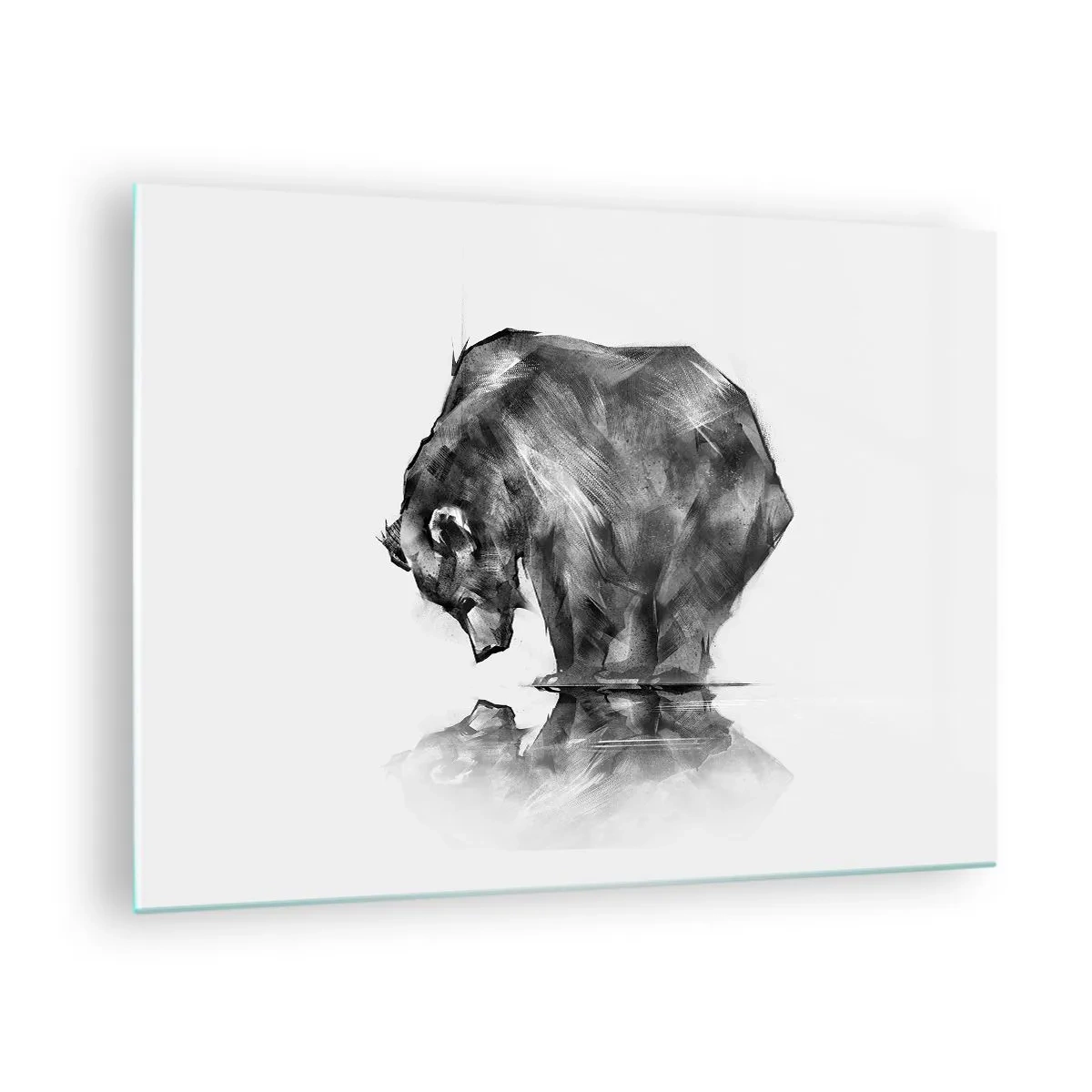 Obraz na szkle - Grafika niedźwiedzia pochylającego się nad taflą wody - 70x50cm - Miło zobaczyć się z kimś bliskim - Nowoczesna dekoracja ścienna do salonu i sypialni ARTTOR