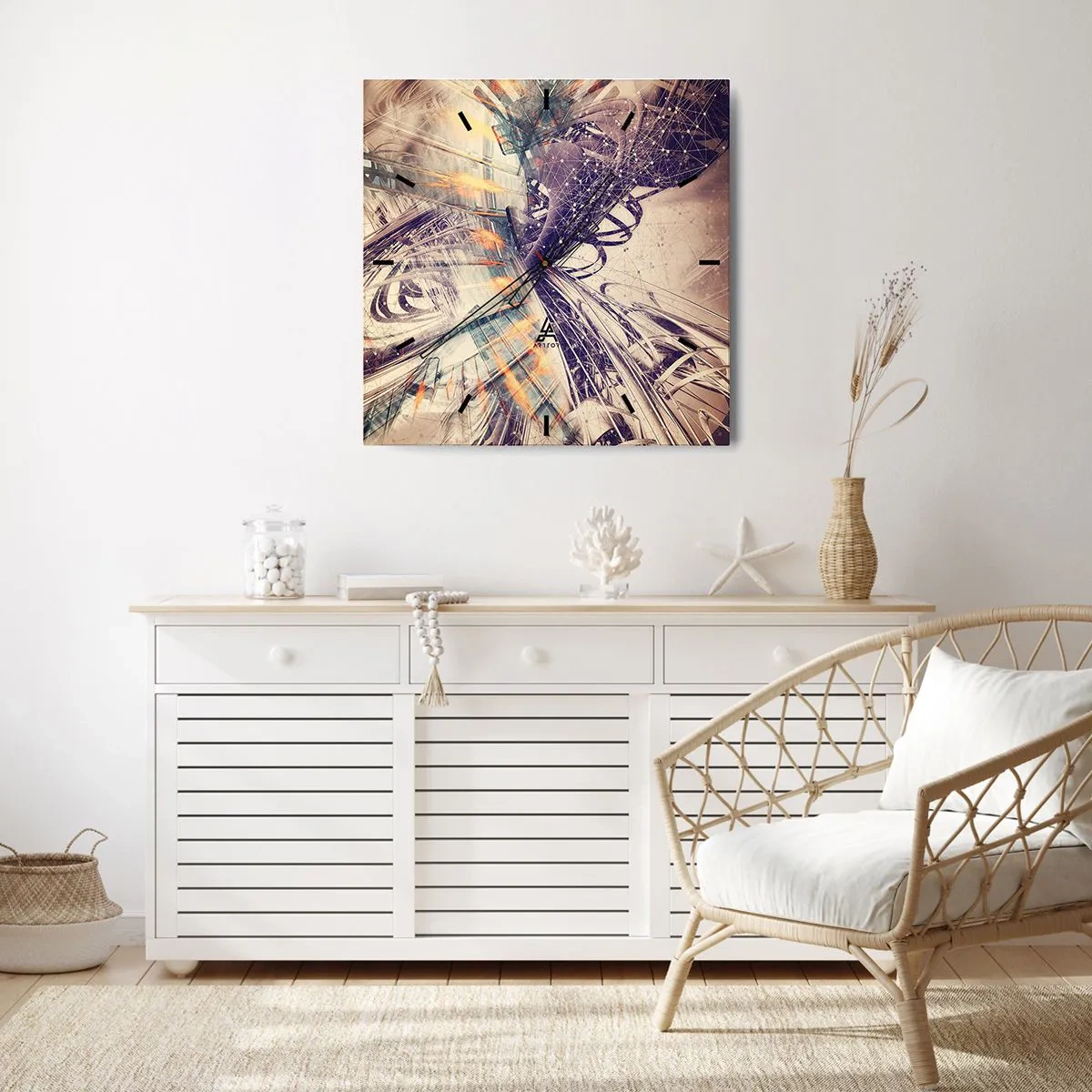 Zegar ścienny - Dynamiczna abstrakcja w odcieniach beżu i fioletu - 30x30cm - W wielkim pędzie - Nowoczesna dekoracja ścienna do salonu i sypialni ARTTOR