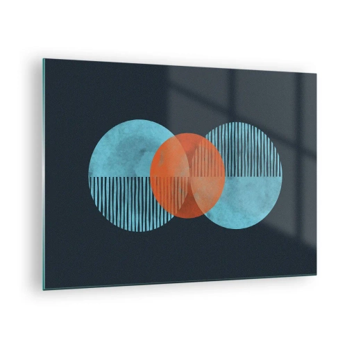 Obraz na szkle - Kolorowe koła z pionowymi liniami na ciemnym tle - 70x50cm - Kompozycja symetryczna - Nowoczesna dekoracja ścienna do salonu i sypialni ARTTOR