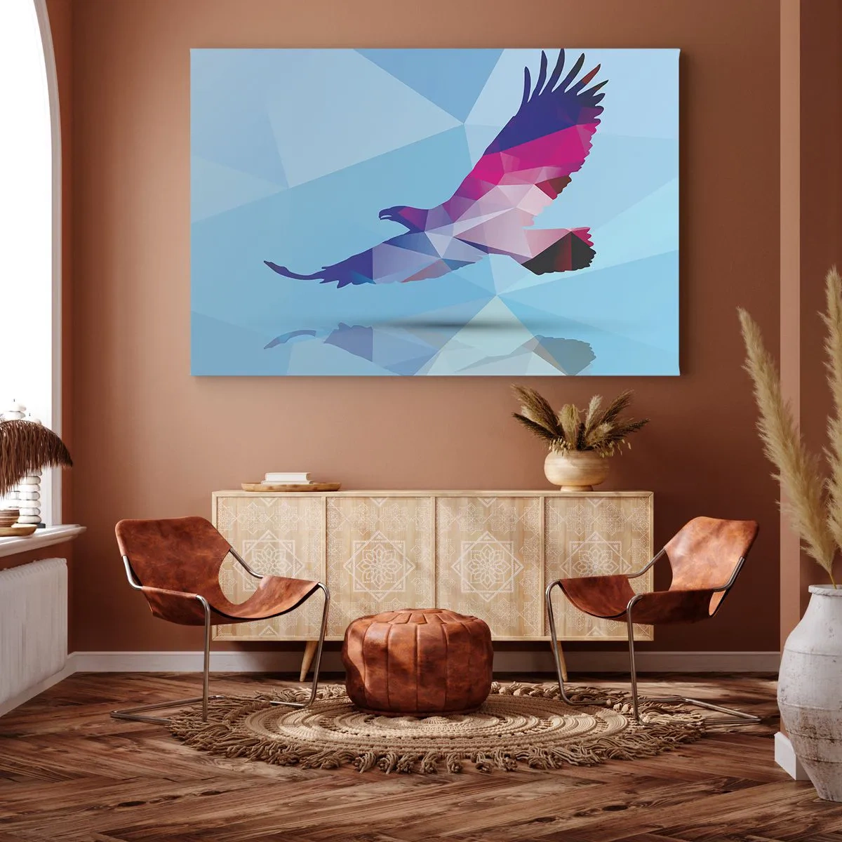 Obraz na płótnie - Geometryczna sylwetka orła w locie na niebieskim tle - 120x80cm - Orzeł w liliowym krysztale - Nowoczesna dekoracja ścienna do salonu, kuchni i sypialni ARTTOR