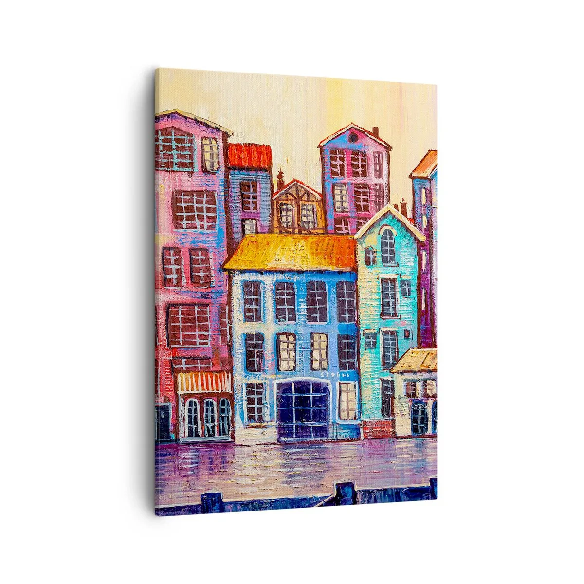 Obraz na płótnie - Kolorowe kamienice odbijające się w wodzie w bajkowym stylu - 50x70cm - Miasto jak z bajki - Nowoczesna dekoracja ścienna do salonu, kuchni i sypialni ARTTOR