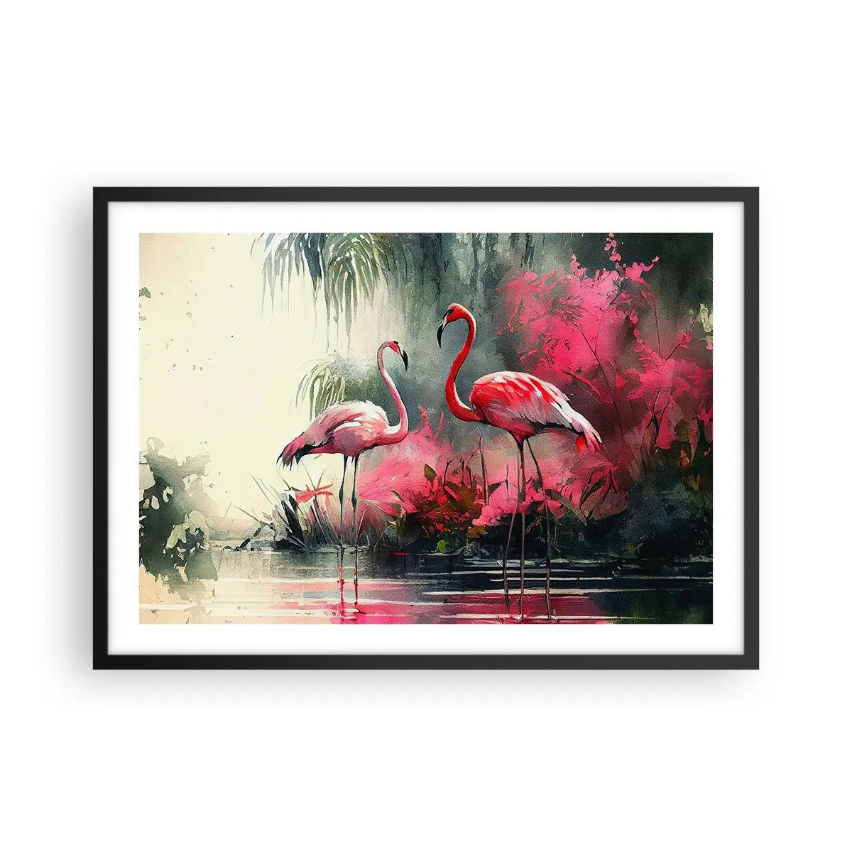 Plakat w czarnej ramie - Flamingi nad wodą w otoczeniu roślinności - 70x50cm - Lekcja naturalnego wdzięku - Nowoczesna dekoracja ścienna do salonu i sypialni ARTTOR