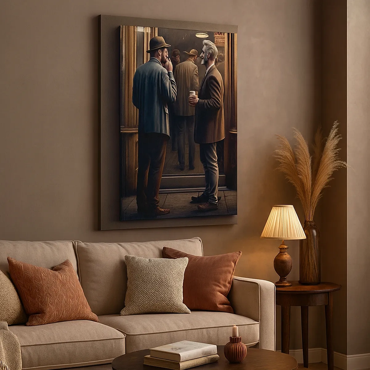 Obraz na płótnie - Dwóch elegancko ubranych mężczyzn przed kawiarnią - 50x70cm - Dobra chwila dnia - Nowoczesna dekoracja ścienna do salonu, kuchni i sypialni ARTTOR