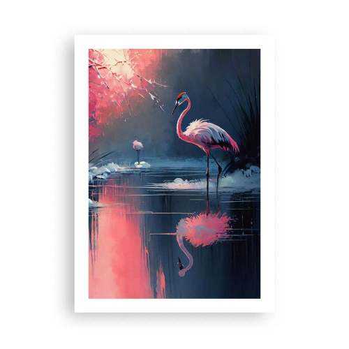 Plakat - Flamingi nad spokojnym jeziorem - 50x70cm - Ptasie ustronie - Nowoczesna dekoracja ścienna do salonu, kuchni i sypialni ARTTOR