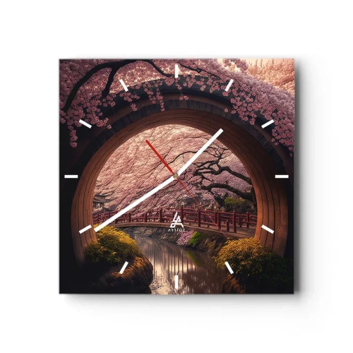 Zegar ścienny - Tradycyjny japoński most otoczony kwitnącymi wiśniami - 30x30cm - Japońska wiosna - Nowoczesna dekoracja ścienna do salonu i sypialni ARTTOR
