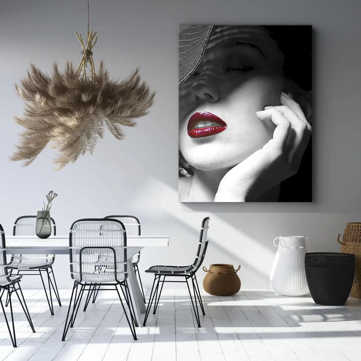Obraz na płótnie - Czarno-biała kobieta z czerwonymi ustami - 50x70cm - Studium w szkarłacie - Nowoczesna dekoracja ścienna do salonu, kuchni i sypialni ARTTOR