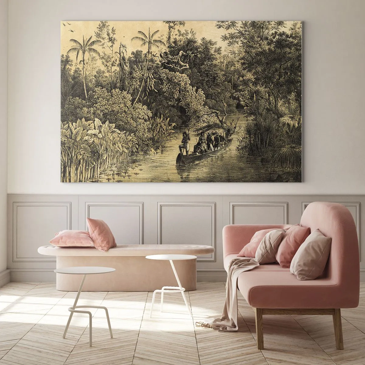 Obraz na szkle - Retro rycina przedstawiająca podróż przez dżunglę - 70x50cm - Wyprawa do źródła - Nowoczesna dekoracja ścienna do salonu i sypialni ARTTOR
