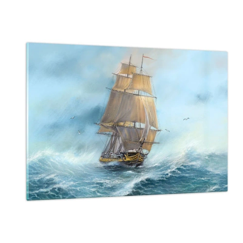 Obraz na szkle - Żaglowiec na wzburzonym morzu w malarskim stylu - 120x80cm - Mknący po falach - Nowoczesna dekoracja ścienna do salonu, kuchni i sypialni ARTTOR