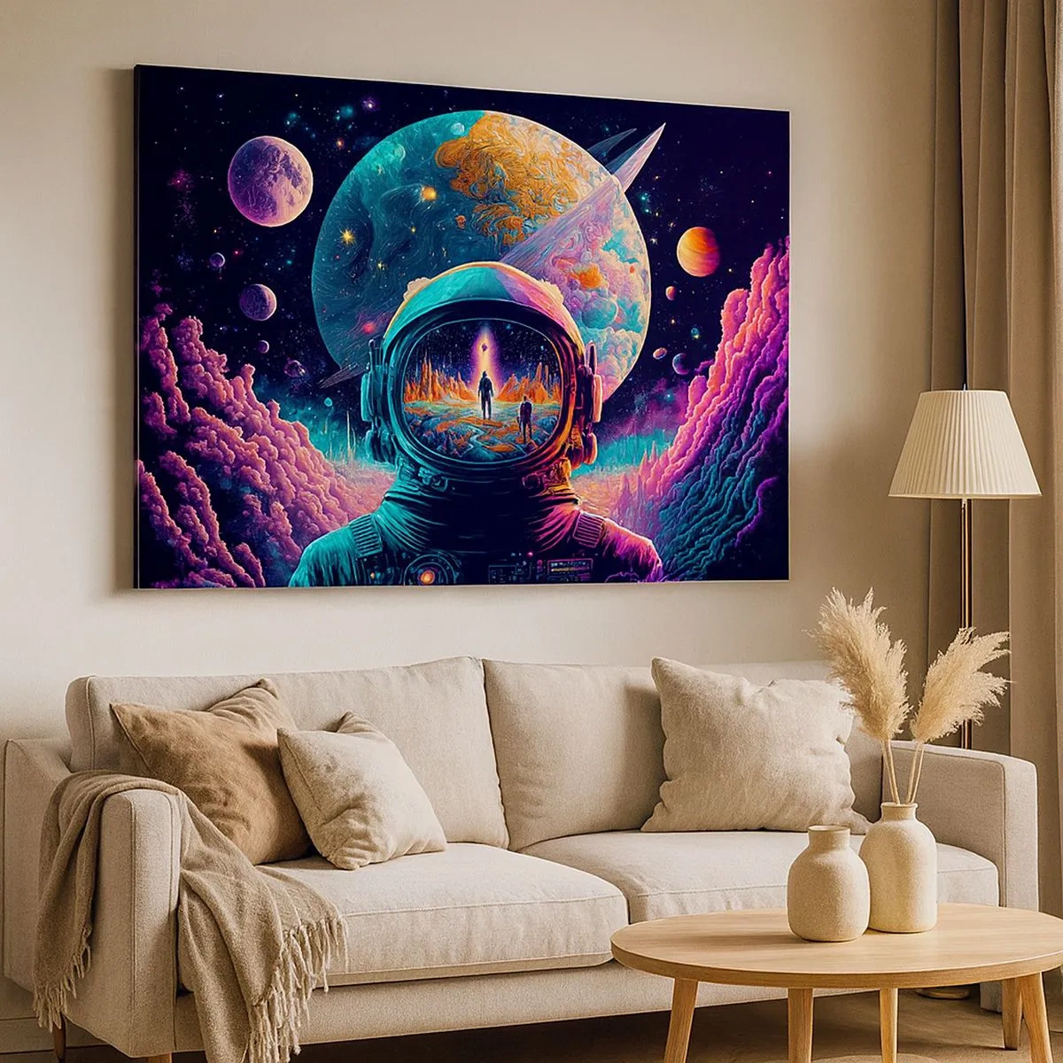 Obraz na płótnie - Astronauta w kosmosie z kolorowym pejzażem planetarnym - 70x50cm - Filozofom się nie śniło - Nowoczesna dekoracja ścienna do salonu i sypialni ARTTOR