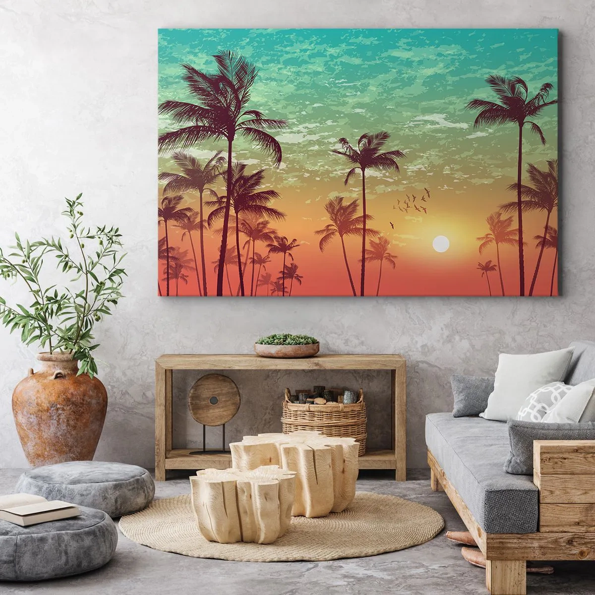 Obraz na płótnie - Zachód słońca z palmami na tle kolorowego nieba - 70x50cm - Tropikalne klimaty - Nowoczesna dekoracja ścienna do salonu i sypialni ARTTOR