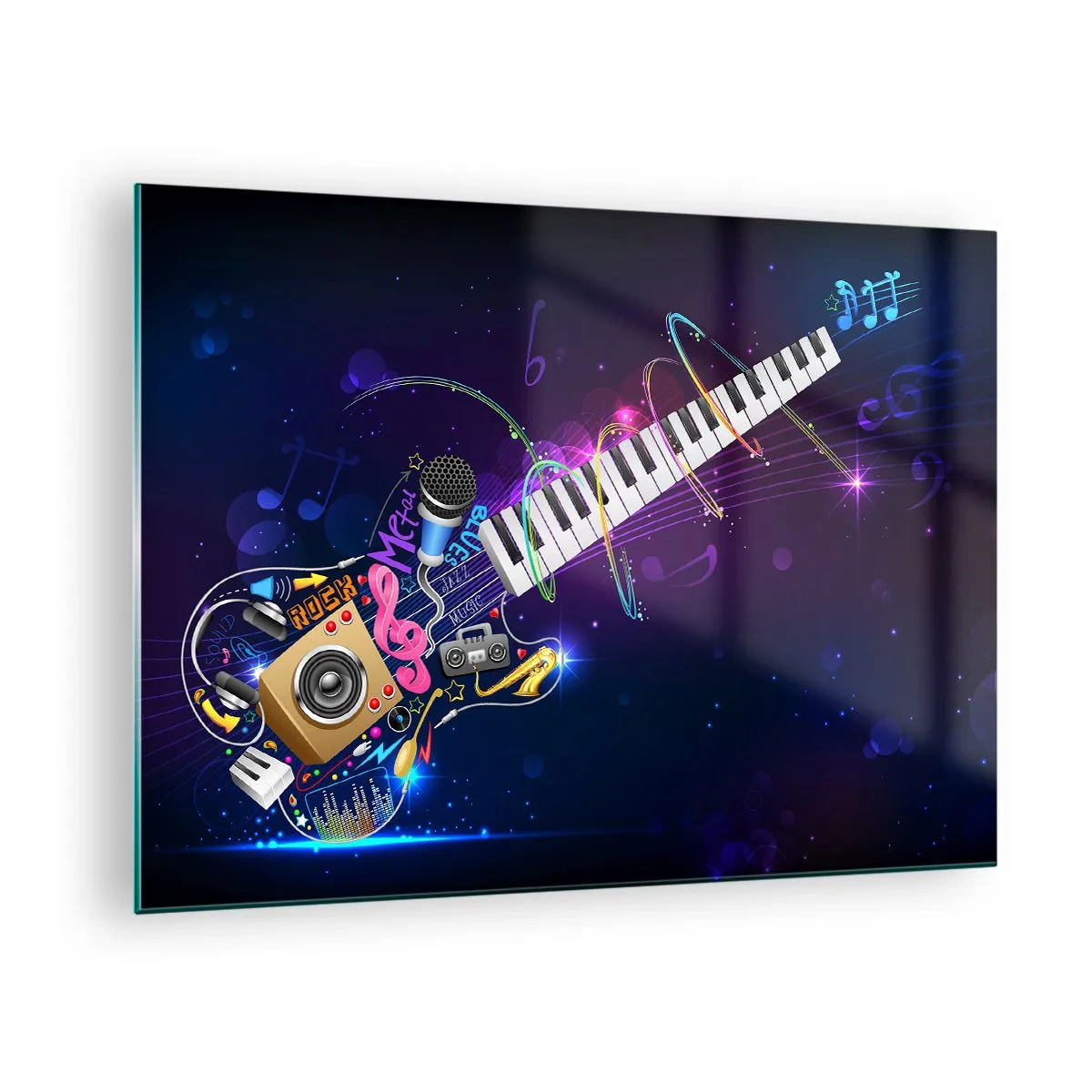 Obraz na szkle - Kolorowa kompozycja muzyczna z instrumentami i nutami - 70x50cm - I wszystko gra - Nowoczesna dekoracja ścienna do salonu i sypialni ARTTOR