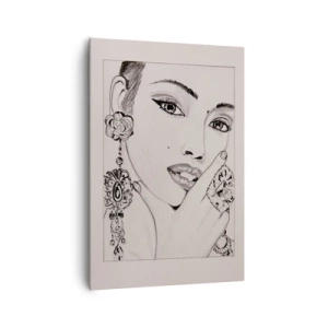 Obraz na płótnie - Szkic kobiecej twarzy z ozdobnymi kolczykami i pierścionkami - 70x100cm - Najpiękniejszy klejnot - Nowoczesna dekoracja ścienna do salonu i sypialni ARTTOR