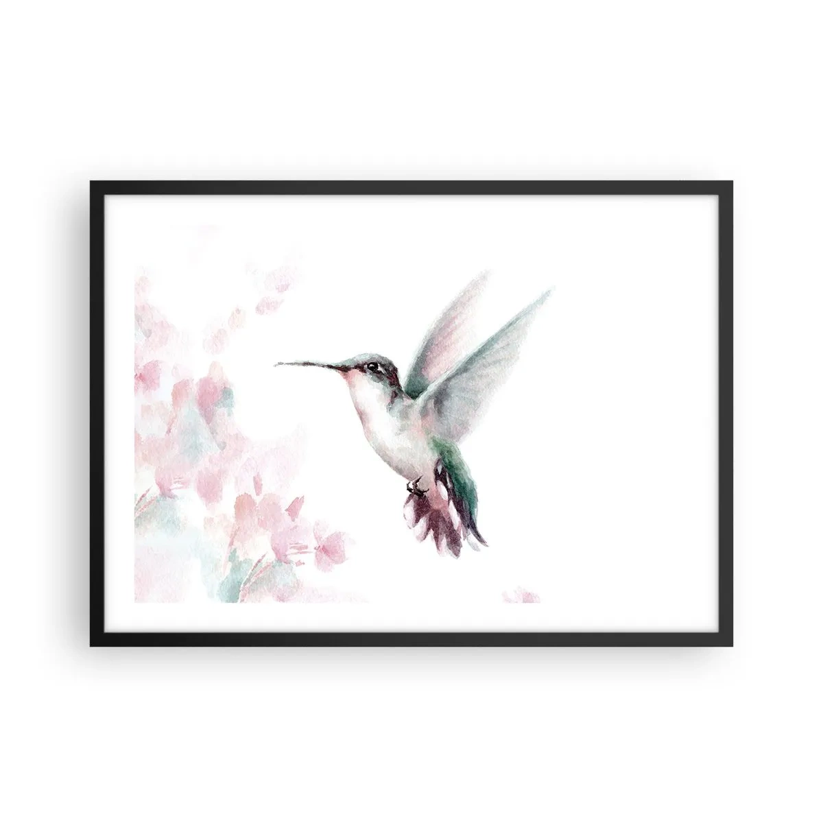 Plakat w czarnej ramie - Koliber w delikatnych pastelowych barwach na tle kwiatów - 70x50cm - Zatrzymany w trzepocie - Nowoczesna dekoracja ścienna do salonu i sypialni ARTTOR
