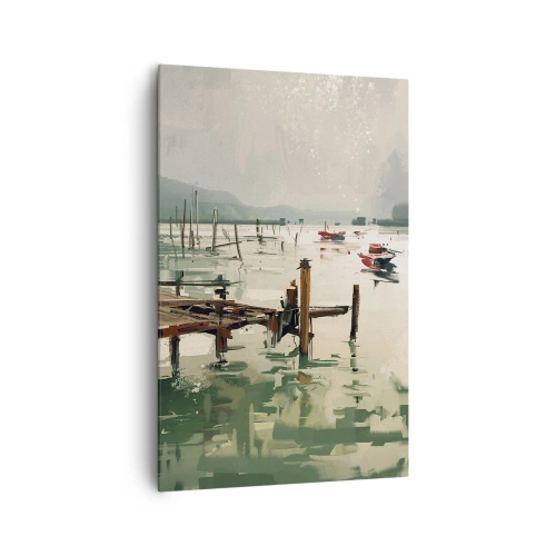 Obraz na płótnie - Malowniczy port z łodziami na spokojnej wodzie - 80x120cm - Oblane roztopionym księżycem - Nowoczesna dekoracja ścienna do salonu i sypialni ARTTOR