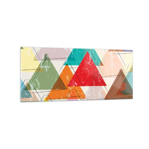 Obraz na szkle - Kolorowa abstrakcja z geometrycznymi trójkątami - 120x50cm - Trzy po trzy - Nowoczesna dekoracja ścienna do salonu i sypialni ARTTOR