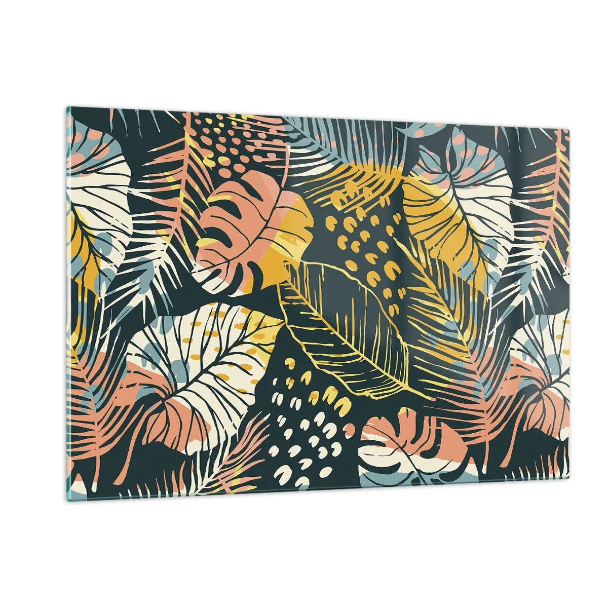 Obraz na szkle - Wzór tropikalnych liści w soczystych barwach, pełen energii i egzotyki - 120x80cm - Liściasta fantazja - Nowoczesna dekoracja ścienna do salonu, kuchni i sypialni ARTTOR
