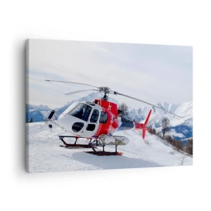 Obraz na płótnie - Czerwony helikopter na śnieżnym tle z górskim krajobrazem - 70x50cm - Zawsze gotowy - Nowoczesna dekoracja ścienna do salonu i sypialni ARTTOR