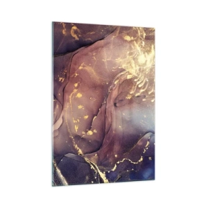 Obraz na szkle - Abstrakcyjna kompozycja z fioletowo-złotymi plamami i strukturą - 50x70cm - Materia i duch - Nowoczesna dekoracja ścienna do salonu, kuchni i sypialni ARTTOR