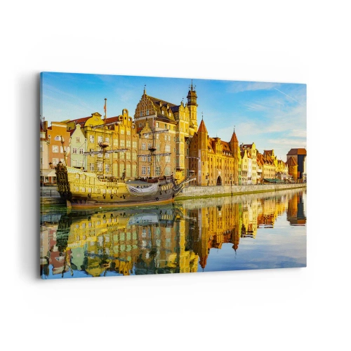 Obraz na płótnie - Malowniczy widok na stare miasto z żaglowcem i wodą - 100x70cm - Lustrzane odbicie przeszłości - Nowoczesna dekoracja ścienna do salonu, kuchni i sypialni ARTTOR