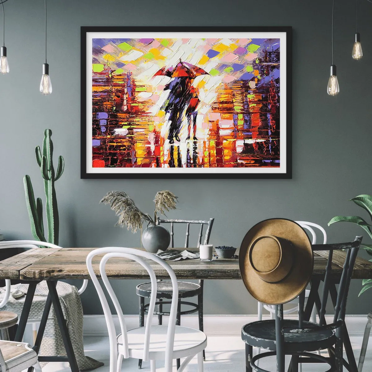 Plakat w czarnej ramie - Abstrakcyjna scena spaceru pod parasolem w deszczową noc - 100x70cm - Razem przez noc i deszcz - Nowoczesna dekoracja ścienna do salonu i sypialni ARTTOR