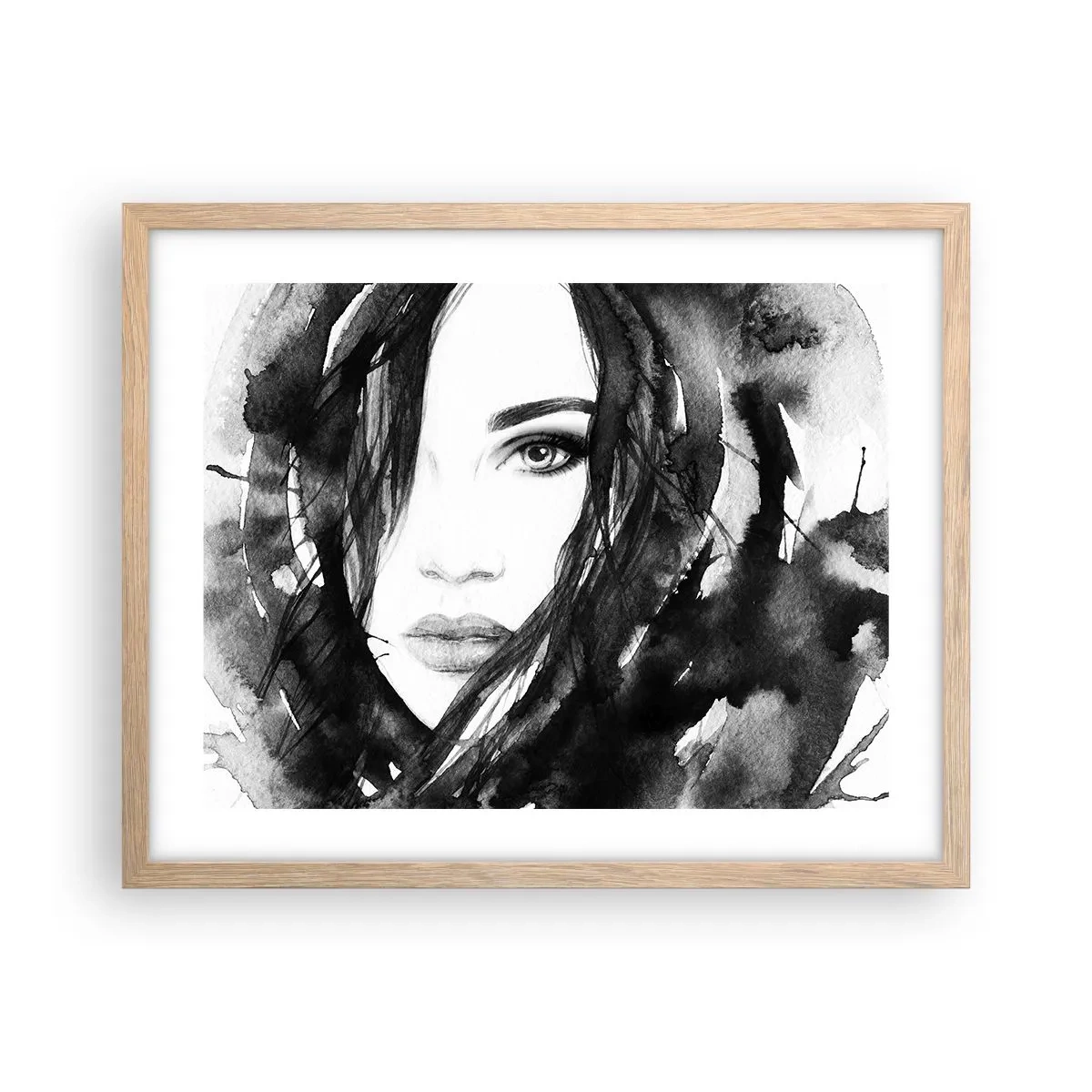 Plakat w ramie jasny dąb - Portret damy w czerni i bieli - 50x40 cm