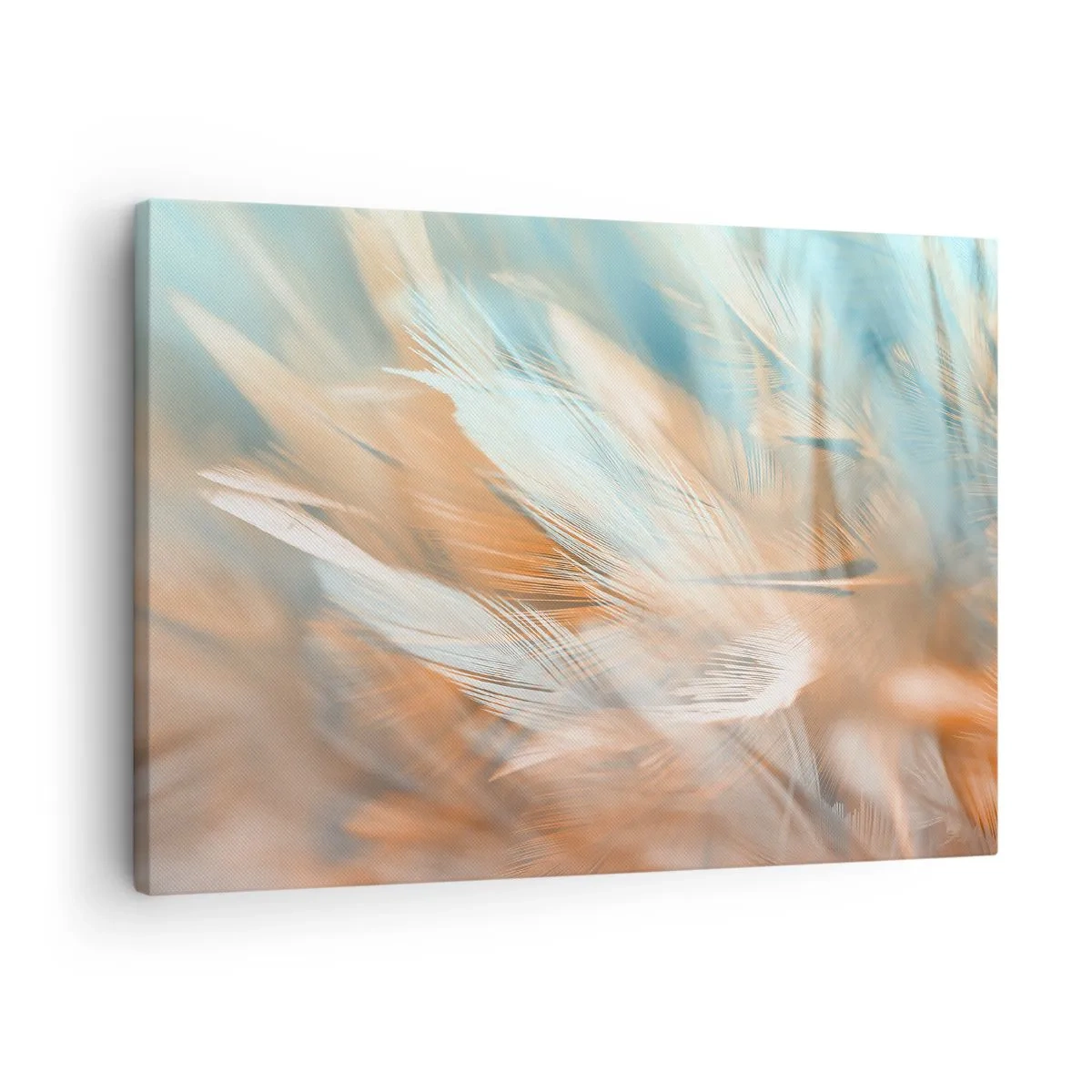 Obraz na płótnie - Delikatne pióra w pastelowych odcieniach błękitu i pomarańczu - 70x50cm - W krainie łagodności - Nowoczesna dekoracja ścienna do salonu i sypialni ARTTOR