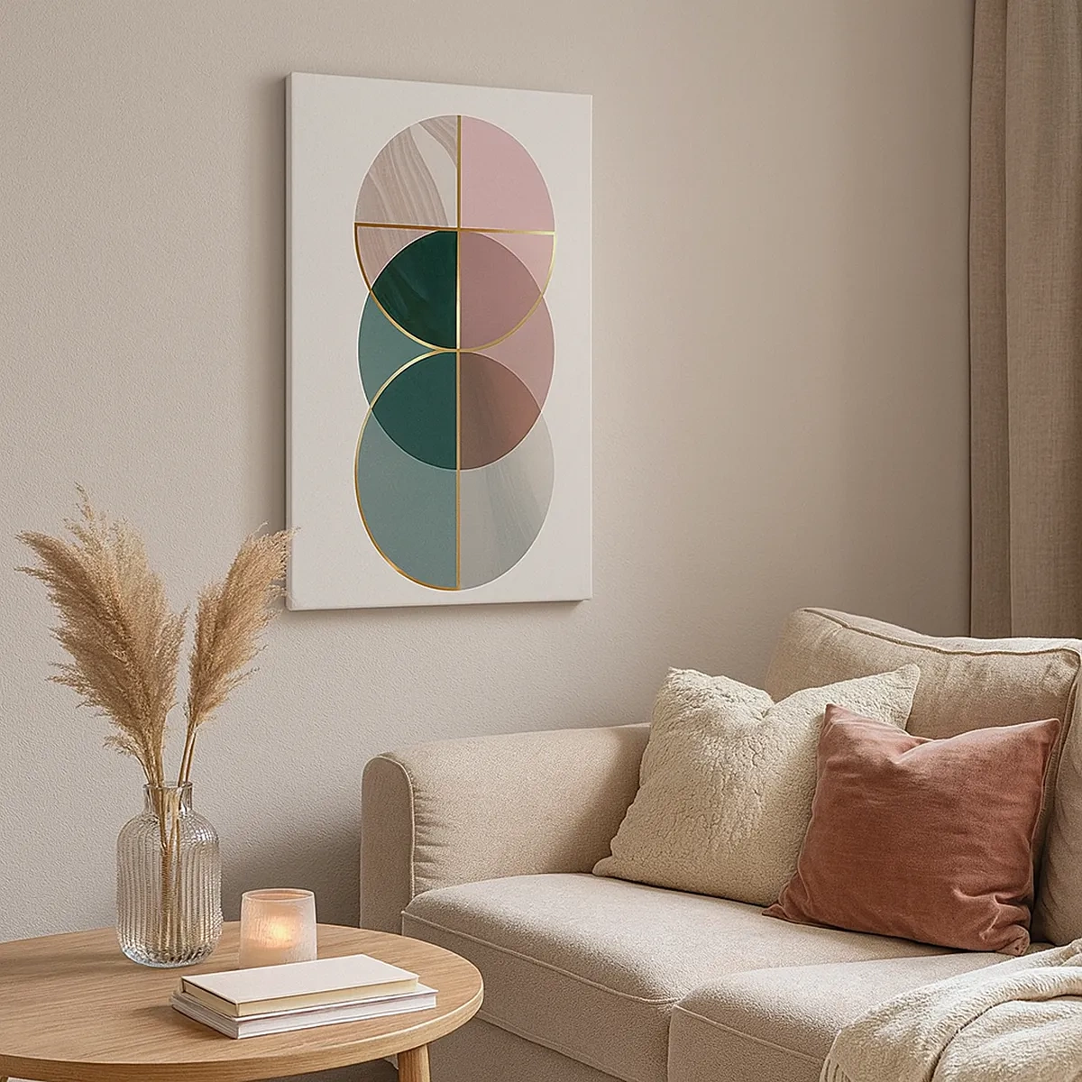 Obraz na płótnie - Nowoczesna grafika geometryczna z zielonymi i różowymi kołami na jasnym tle - 50x70cm - Koło za kołem… - Nowoczesna dekoracja ścienna do salonu, kuchni i sypialni ARTTOR