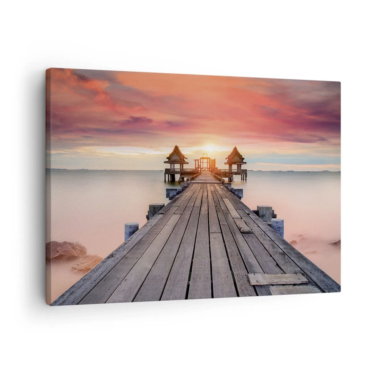 Obraz na płótnie - Drewniane molo prowadzące do altanek o zachodzie słońca - 70x50cm - Zachód na wschodzie - Nowoczesna dekoracja ścienna do salonu i sypialni ARTTOR