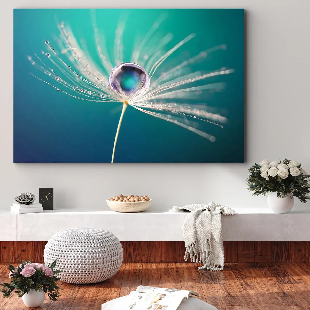 Obraz na płótnie - Makro kropla wody na delikatnym nasionku dmuchawca - 70x50cm - Mistyczna chwila - Nowoczesna dekoracja ścienna do salonu i sypialni ARTTOR