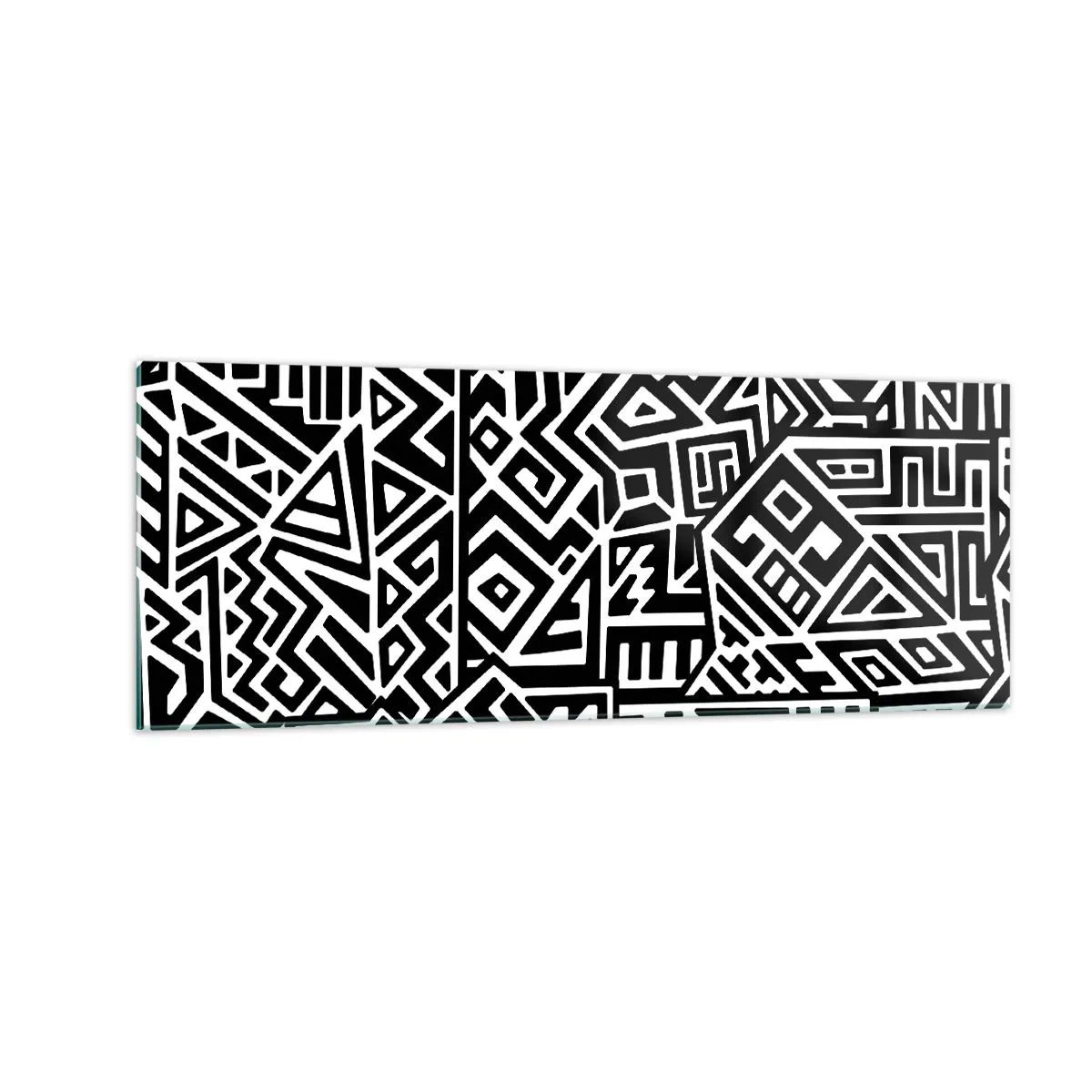 Obraz na szkle - Czarno-białe geometryczne wzory inspirowane kulturą prekolumbijską - 140x50cm - Kompozycja prekolumbijska - Nowoczesna dekoracja ścienna do salonu i sypialni ARTTOR
