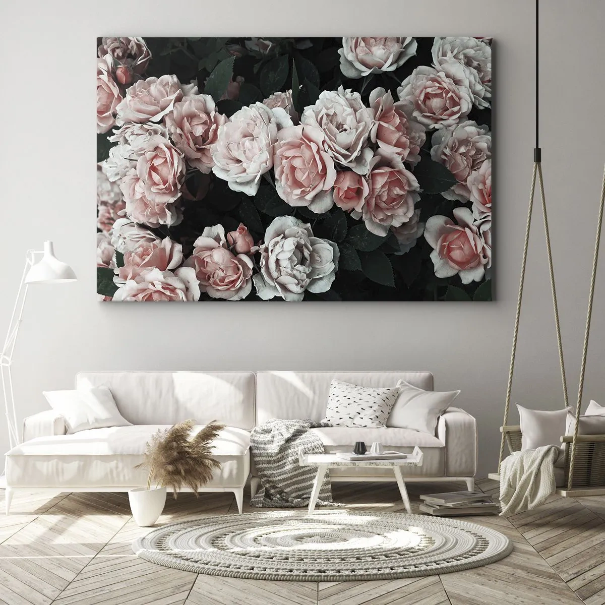 Obraz na płótnie - Różowe róże na ciemnym tle w subtelnej kompozycji - 70x50cm - Różany ansamble - Nowoczesna dekoracja ścienna do salonu i sypialni ARTTOR