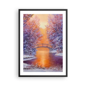 Plakat w czarnej ramie - Zimowy krajobraz z mostkiem i zachodzącym słońcem odbitym w rzece - 50x70cm - Spotkajmy się tu - Nowoczesna dekoracja ścienna do salonu i sypialni ARTTOR