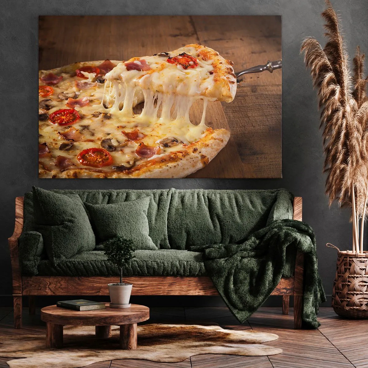 Obraz na płótnie - Pizza z ciągnącym się serem - 70x50cm - Arcydzieło sztuki włoskiej - Nowoczesna dekoracja ścienna do salonu i sypialni ARTTOR
