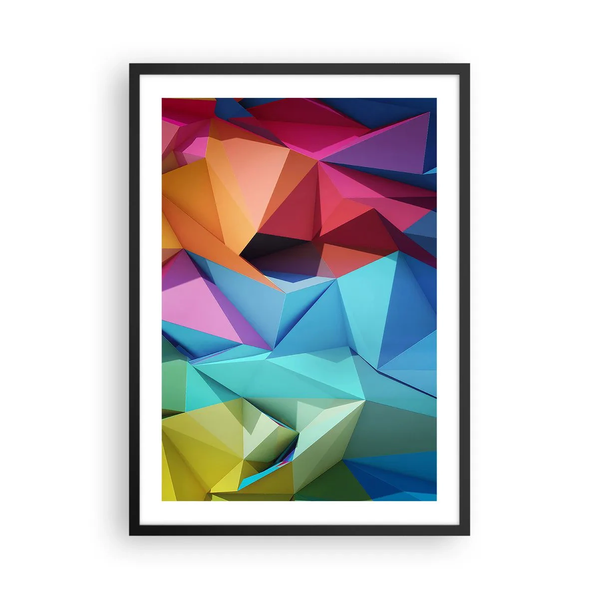 Plakat w czarnej ramie - Kolorowa abstrakcja geometryczna z trójkątami - 50x70cm - Tęczowe origami - Nowoczesna dekoracja ścienna do salonu i sypialni ARTTOR