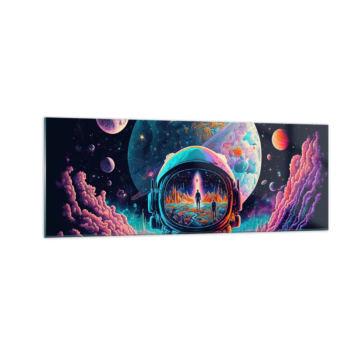 Obraz na szkle - Astronauta w kosmosie z kolorowym pejzażem planetarnym - 140x50cm - Filozofom się nie śniło - Nowoczesna dekoracja ścienna do salonu i sypialni ARTTOR