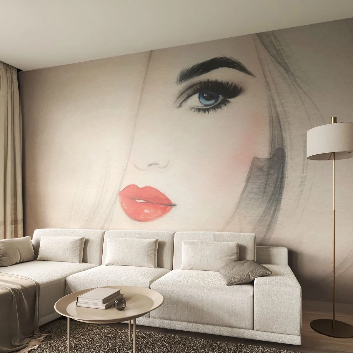 Fototapeta Premium Sand - Minimalistyczna ilustracja kobiecej twarzy w akwareli - 100x70cm - Hipnotyzuje i odurza - Nowoczesna dekoracja ścienna do salonu, kuchni i sypialni ARTTOR