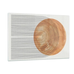 Obraz na szkle - Geometryczna forma z koncentrycznymi liniami i złotym kołem - 120x80cm - Kompozycja słoneczna - Nowoczesna dekoracja ścienna do salonu, kuchni i sypialni ARTTOR