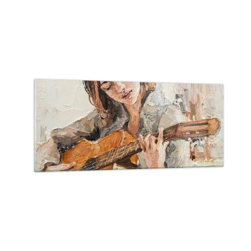 Obraz na szkle - Portret dziewczyny grającej na gitarze w malarskim stylu z ciepłymi barwami - 120x50cm - Koncert na gitarę i dziewczęce serce - Nowoczesna dekoracja ścienna do salonu i sypialni ARTTOR