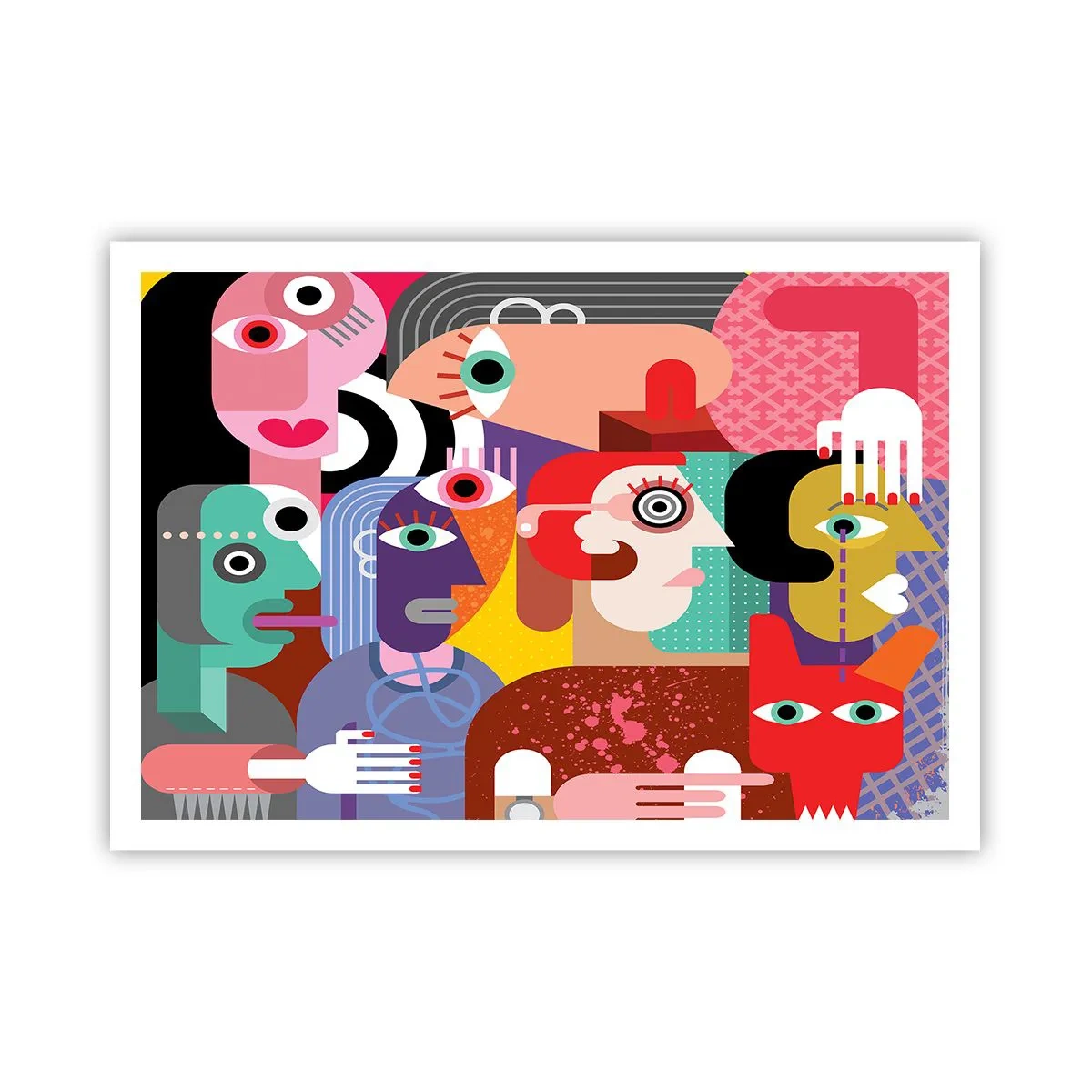 Plakat - Kolorowa abstrakcja z geometrycznymi twarzami - 100x70cm - My od pana Picassa - Nowoczesna dekoracja ścienna do salonu i sypialni ARTTOR