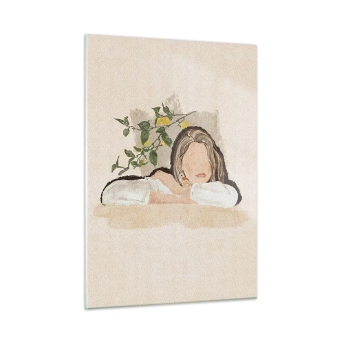 Obraz na szkle - Kobieta oparta na stole wśród gałązek cytrynowego drzewa bez wyraźnych rysów twarzy - 50x70cm - Piękność południa - Nowoczesna dekoracja ścienna do salonu, kuchni i sypialni ARTTOR