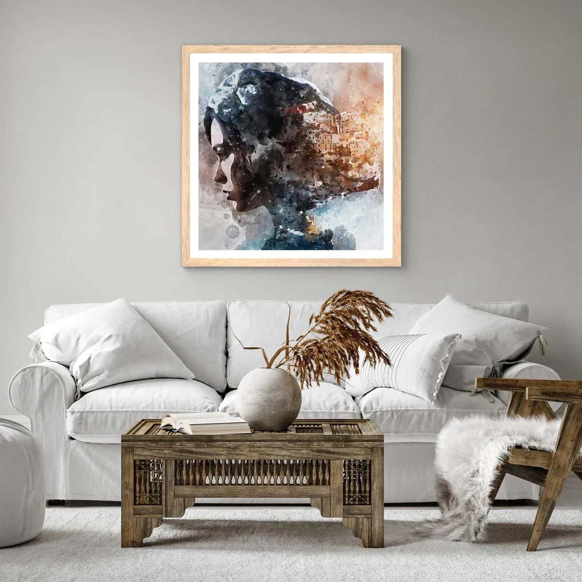 Plakat w ramie jasny dąb - Opowieść o dziewczynie z miastem w tle - 40x40 cm
