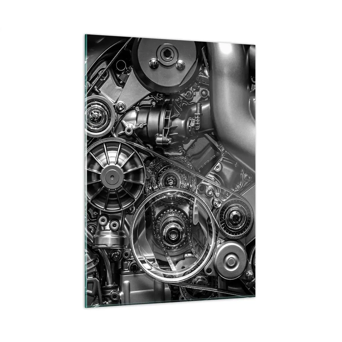 Obraz na szkle - Detal czarno-białego silnika z widocznymi mechanizmami - 50x70cm - Poezja mechaniki - Nowoczesna dekoracja ścienna do salonu, kuchni i sypialni ARTTOR
