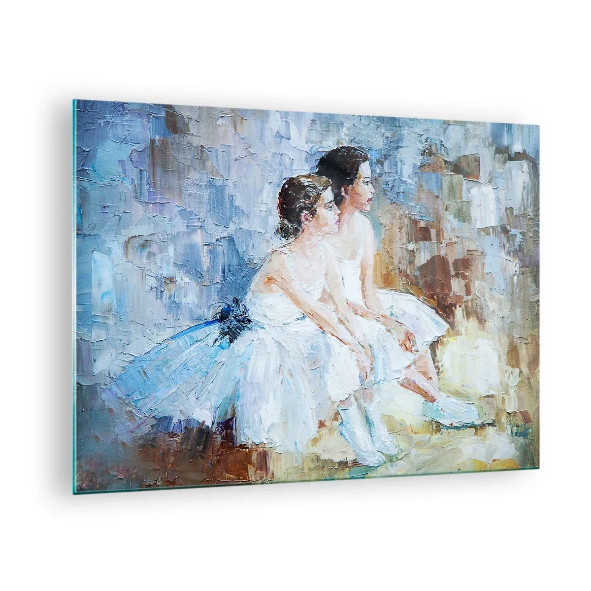 Obraz na szkle - Dwie baletnice w białych sukniach na tle impresjonistycznym - 70x50cm - Odpoczynek młodych łabędzi - Nowoczesna dekoracja ścienna do salonu i sypialni ARTTOR
