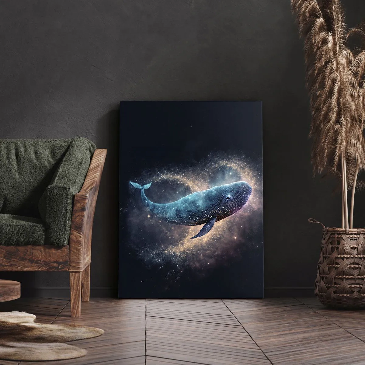Obraz na płótnie - Kosmiczny wieloryb unoszący się wśród gwiezdnej mgławicy - 50x70cm - Jest taki świat… - Nowoczesna dekoracja ścienna do salonu, kuchni i sypialni ARTTOR