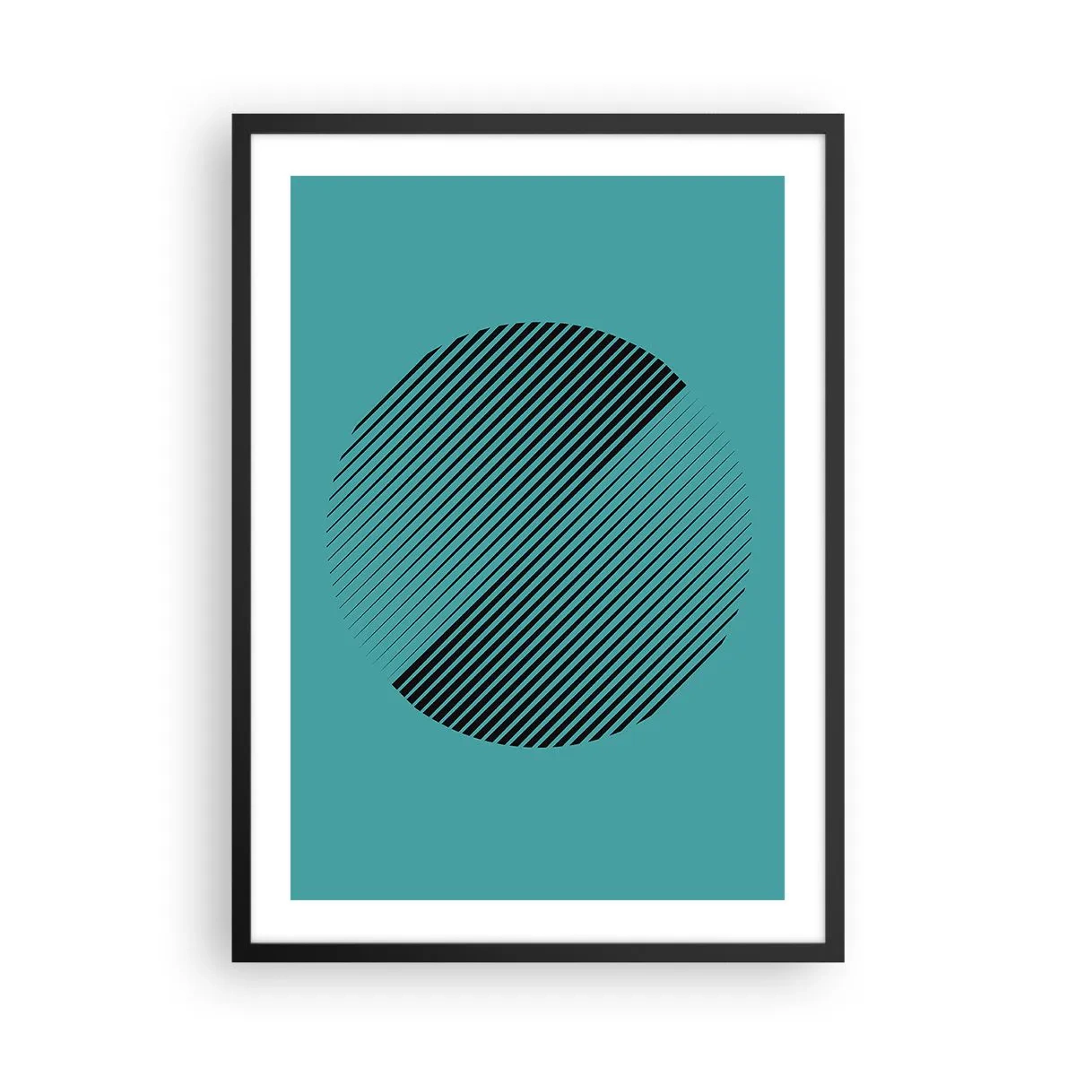 Plakat w czarnej ramie - Minimalistyczna grafika koła z liniami na turkusowym tle - 50x70cm - Koło – geometryczna wariacja - Nowoczesna dekoracja ścienna do salonu i sypialni ARTTOR