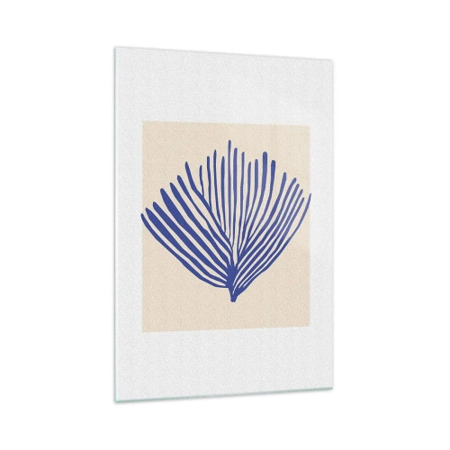 Obraz na szkle - Minimalistyczna grafika przedstawiająca liść palmy w odcieniu błękitu - 70x100cm - Niebieski wachlarz - Nowoczesna dekoracja ścienna do salonu i sypialni ARTTOR