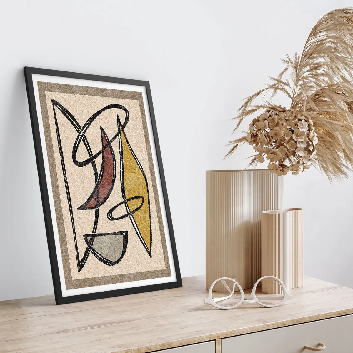 Plakat w czarnej ramie - Geometryczna abstrakcja w odcieniach beżu i brązu - 50x70cm - Piony i poziomy - Nowoczesna dekoracja ścienna do salonu i sypialni ARTTOR