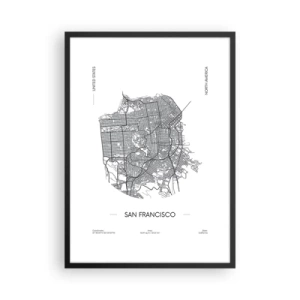 Plakat w czarnej ramie - Minimalistyczna mapa San Francisco w czarno-białej tonacji - 50x70cm - Anatomia San Francisco - Nowoczesna dekoracja ścienna do salonu i sypialni ARTTOR