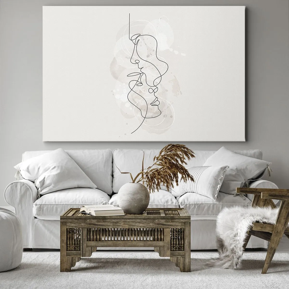 Obraz na płótnie - Abstrakcyjny kontur dwóch twarzy na jasnym tle - 70x50cm - Splątani w uścisku - Nowoczesna dekoracja ścienna do salonu i sypialni ARTTOR