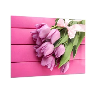 Obraz na szkle - Bukiet różowych tulipanów na drewnianym tle - 100x70cm - Właśnie dla ciebie - Nowoczesna dekoracja ścienna do salonu, kuchni i sypialni ARTTOR